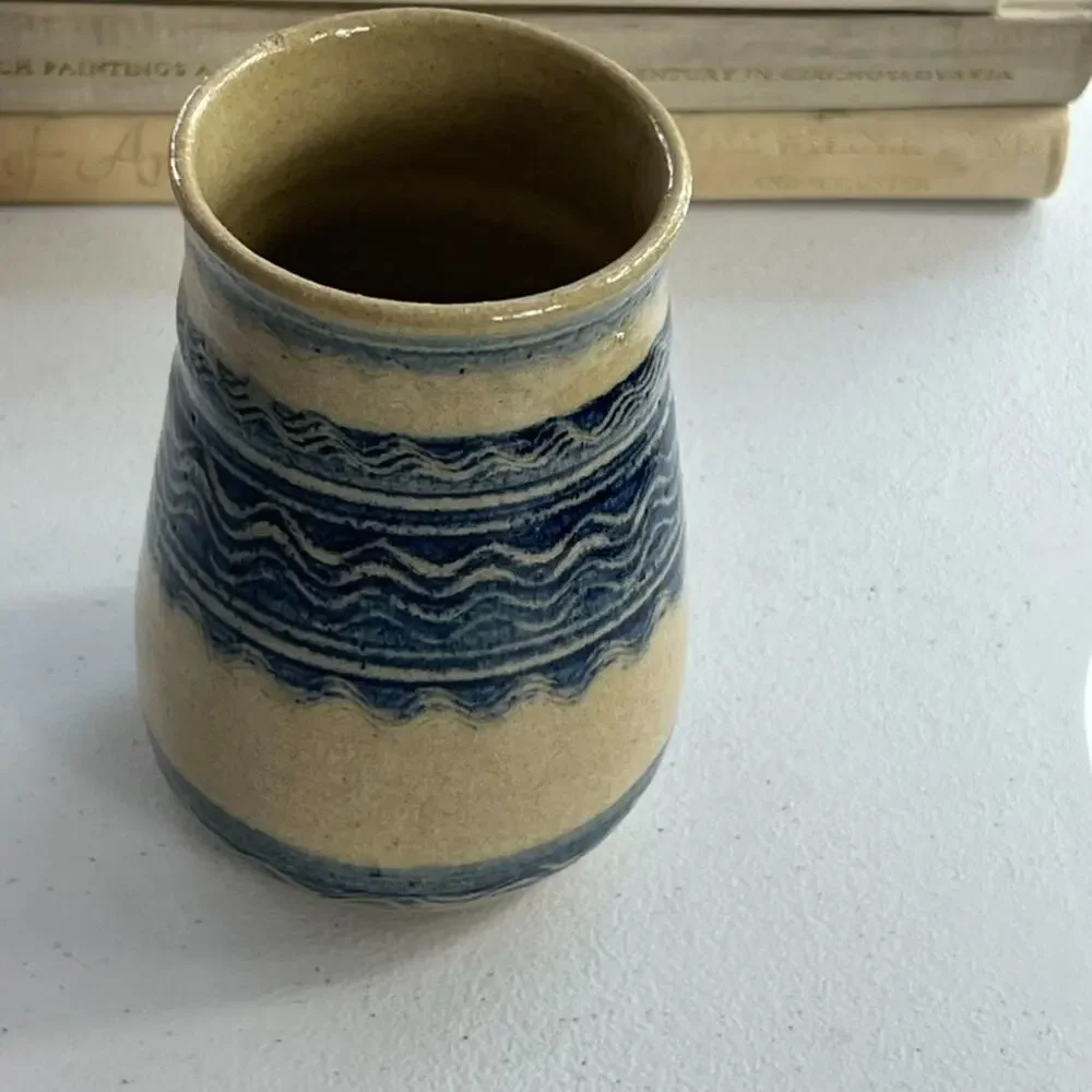 Studio Art Pottery Handmade Jar Vase Signed Ivory Blue Striped Zig Zag 5.5”